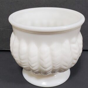 Randall Milk Glass Planter Vase White Footed Scalloped Leaf Pattern 4 inch  High